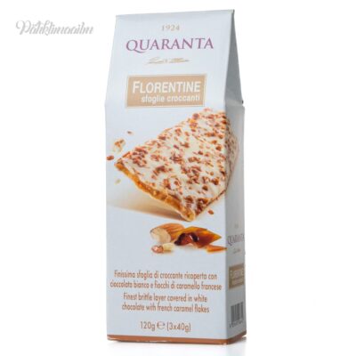 “QUARANTA” krokantbatoonid karamellitükkidega, kaetud valge šokolaadiga, 120 g